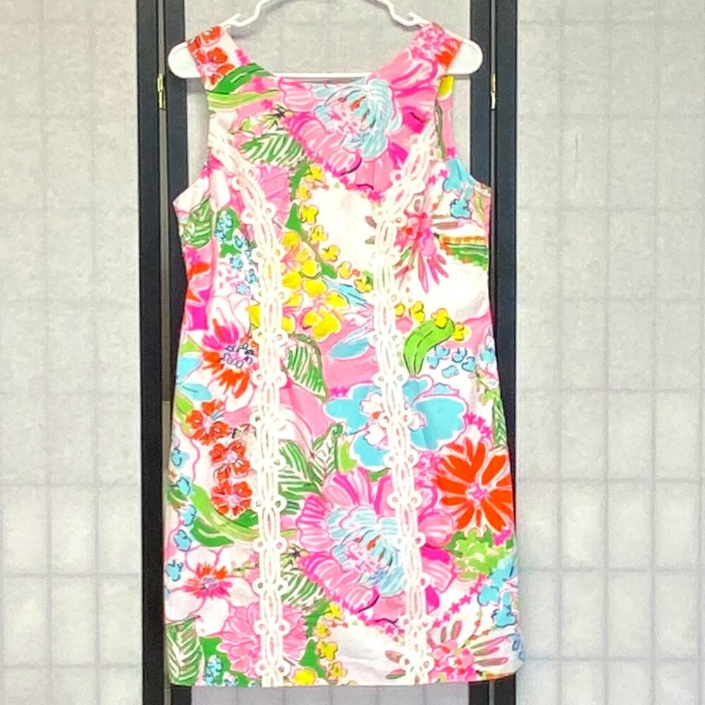 Lilly Pulitzer 12 Bright Floral Lace Trim Sheath Dress Lined Zip Back Sleeveless